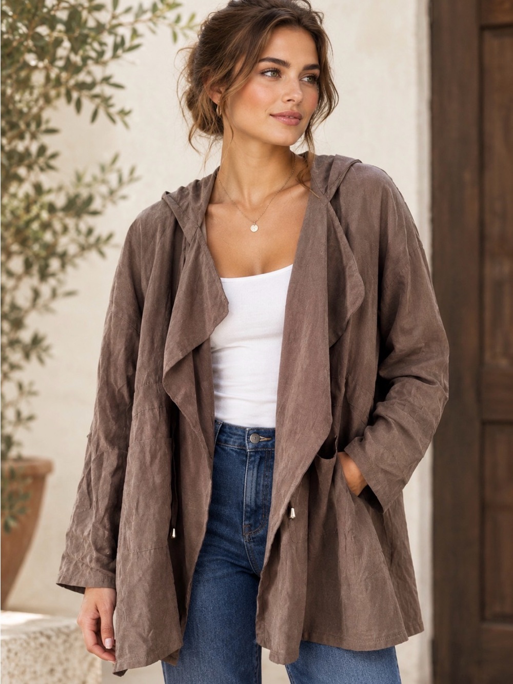 Boho Chic Taupe Brown Utility Waterfall Hooded Jacket XL Aesthetic